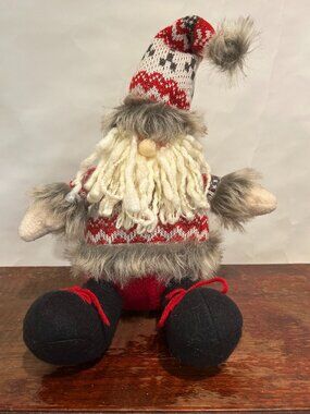 Christmas Holiday Gnome with knit cap and sweater, faux fur trim and yarn beard